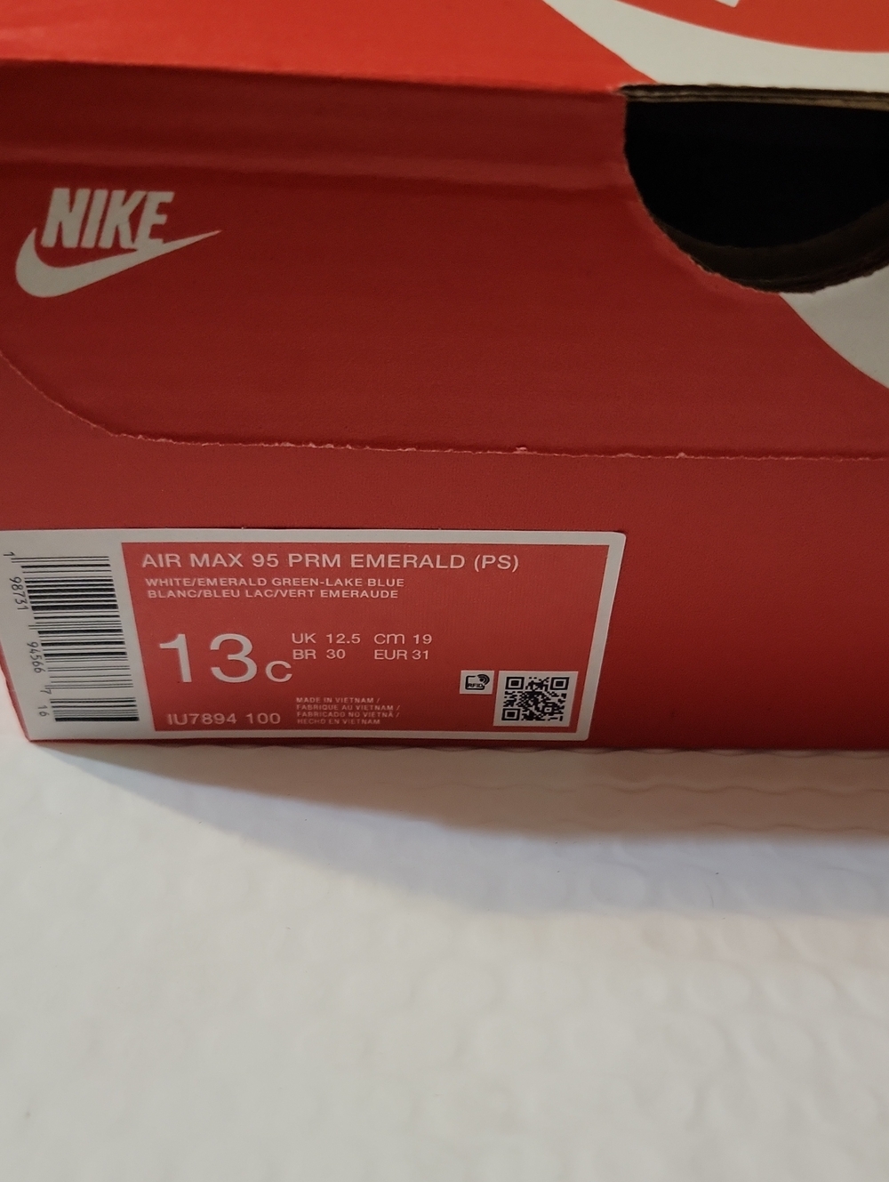 Nike Air Max 95 PRM (White / Emerald Green / Lake Blue) Shoe Box Label 13c